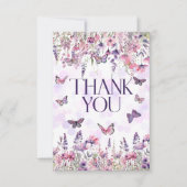 Whimsical Pink Purple Butterflies & Wildflowers Dankeskarte (Vorderseite)