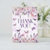 Whimsical Pink Purple Butterflies & Wildflowers Dankeskarte (Stehend Vorderseite)