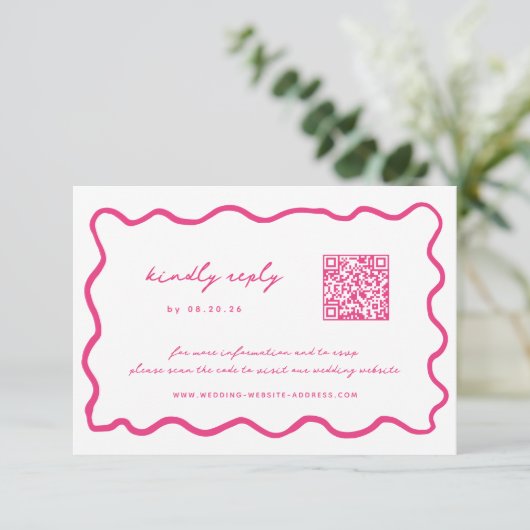 Whimsical Pink QR Code Hochzeit RSVP Karte (Stehend Vorderseite)