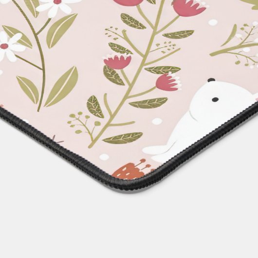 Whimsical Pink Rabbit and Floral Meadow Schreibtischunterlage (Ecke)