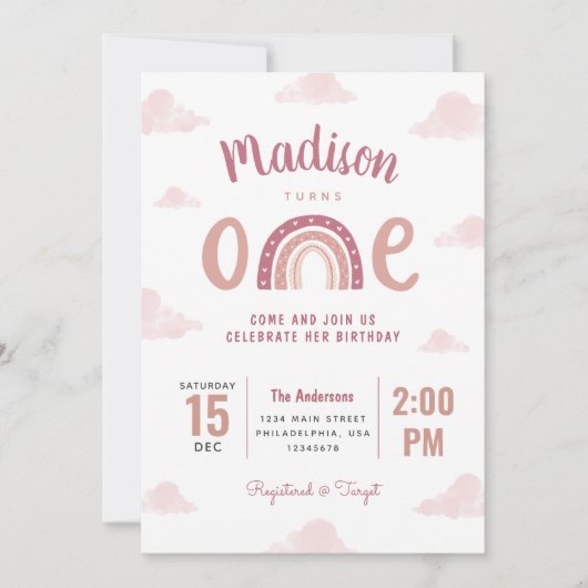 Whimsical Pink Rainbow and Clouds Erster Geburtsta Einladung (Vorderseite)