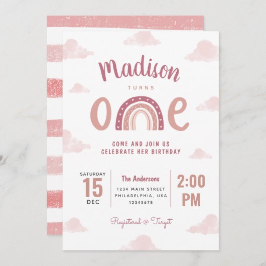 Whimsical Pink Rainbow and Clouds Erster Geburtsta Einladung (Vorne/Hinten)