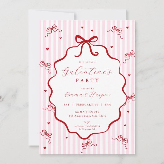 Whimsical Pink Red Bow Heart Galentine's Party Einladung (Vorderseite)