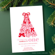 Whimsical Pink Red Bow Tree Girl 1. Geburtstag