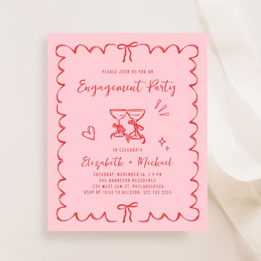 Whimsical Pink Red Engagement Party Invitation