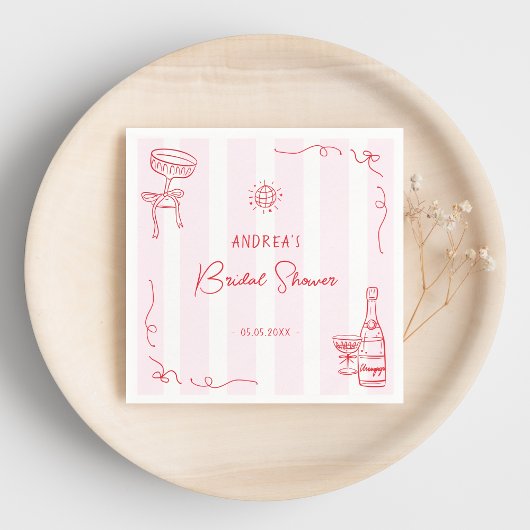 Whimsical Pink & Red Hand Drawn Bridal Shower Serviette