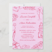 Whimsical Pink & Red Hand-Drawn Wedding Einladung (Vorderseite)