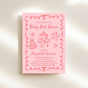Whimsical Pink Red Wavy Frame Girl Dusche Einladung