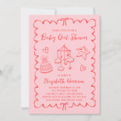 Whimsical Pink Red Wavy Frame Girl Dusche Einladung (Vorderseite)