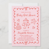 Whimsical Pink Red Wavy Frame Girl Dusche Einladung (Vorderseite)