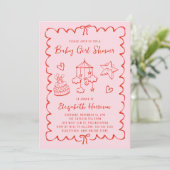 Whimsical Pink Red Wavy Frame Girl Dusche Einladung (Stehend Vorderseite)