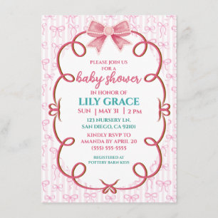 Whimsical Pink Ribbon & Pearl Babyparty Begleitkarte