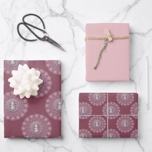 Whimsical Pink Snowman Classic Polka Dot Mandala Geschenkpapier Set (Vorderseite)