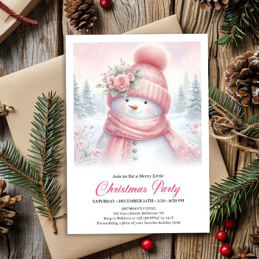 Whimsical Pink Snowman Digital Christmas Invite Einladung