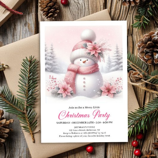 Whimsical Pink Snowman Digital Christmas Invite  Einladung