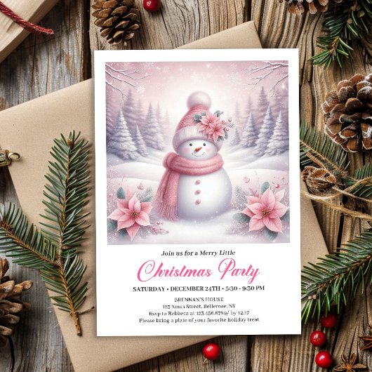 Whimsical Pink Snowman Editable Christmas Kids  Einladung