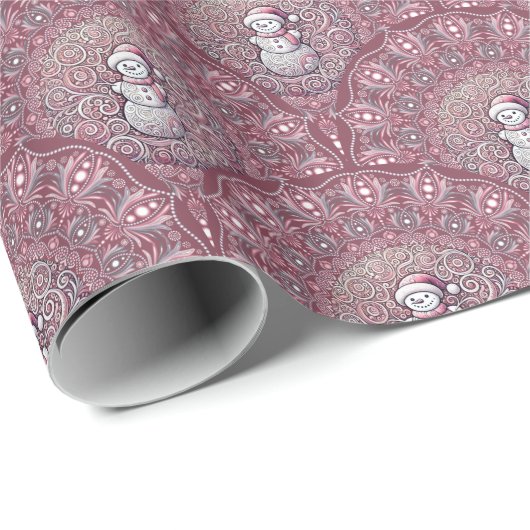 Whimsical Pink Snowman Mandala Art Deco Scallop Geschenkpapier (Rolleneckpunkt)