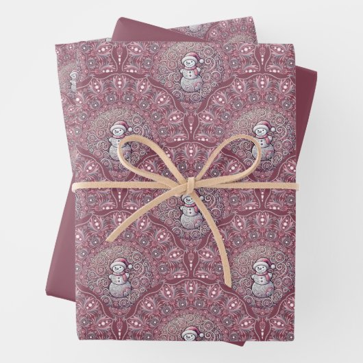 Whimsical Pink Snowman Mandala Art Deco Scallop Geschenkpapier Set (Beispiel)