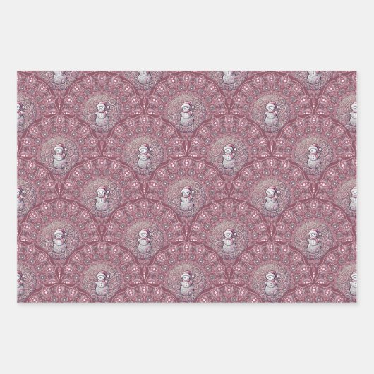 Whimsical Pink Snowman Mandala Art Deco Scallop Geschenkpapier Set (Vorderseite)