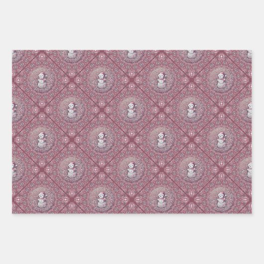 Whimsical Pink Snowman Mandala Geo Diamond Tile Geschenkpapier Set (Vorderseite)