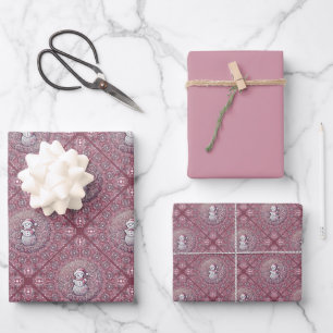 Whimsical Pink Snowman Mandala Geo Diamond Tile Geschenkpapier Set