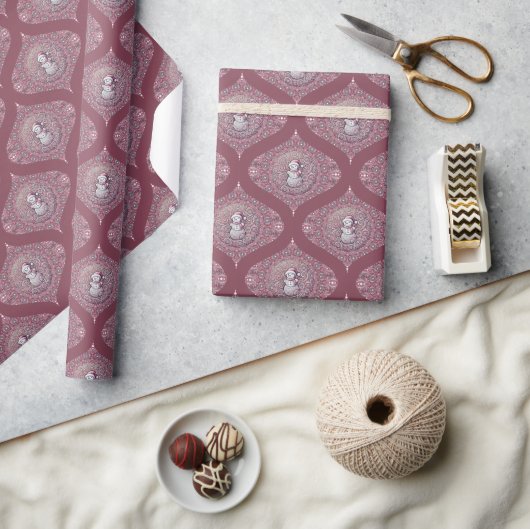 Whimsical Pink Snowman Mandala Retro Ogee Damask Geschenkpapier (Kunsthandwerk)