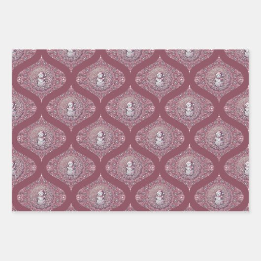 Whimsical Pink Snowman Mandala Retro Ogee Damask Geschenkpapier Set (Vorderseite)