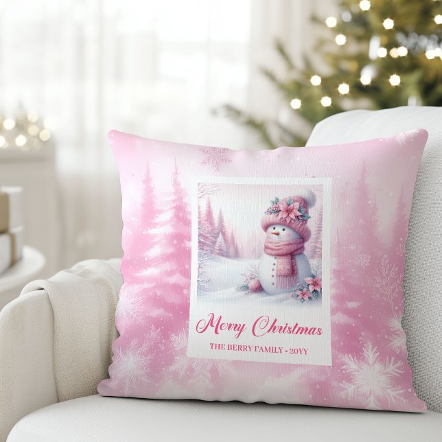 Whimsical Pink Snowman Winter Scene Pillow Gift Kissen (Whimsical Pink Snowman Winter Scene Pillow Gift)