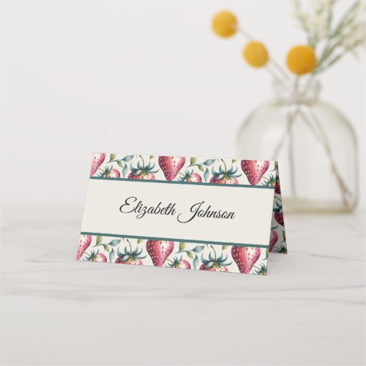Whimsical Pink Strawberry Summer Guest Name Platzkarte (Vorderseite)