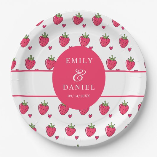 Whimsical Pink Strawberry Wedding Pappteller (Vorderseite)