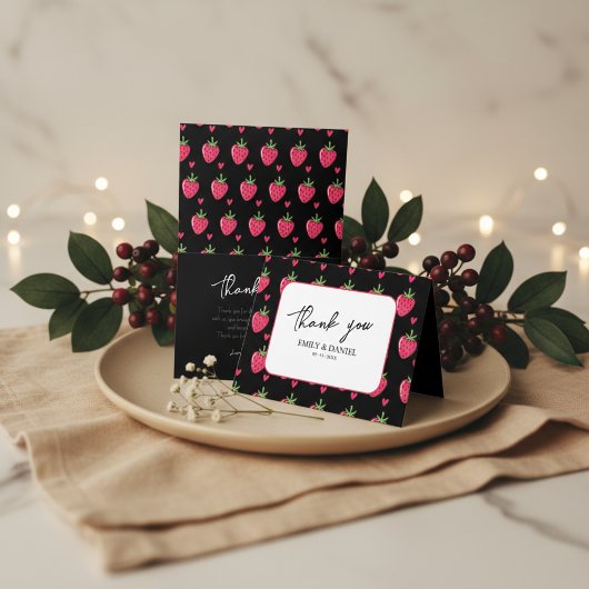 Whimsical Pink Strawberry wedding Thank You Card Dankeskarte