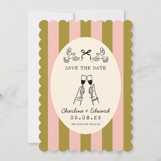 Whimsical Pink Striped Scribble Save the Date Einladung (Vorderseite)