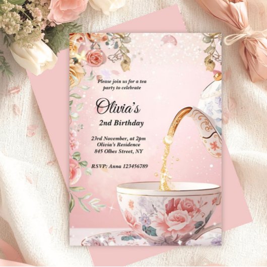 Whimsical Pink Tea Party Floral Birthday Einladung