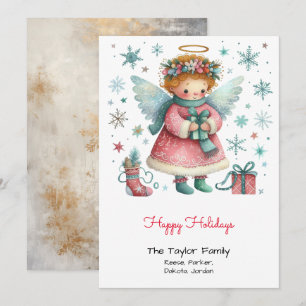 Whimsical Pink und Blue Angel Happy Feiertagskarte