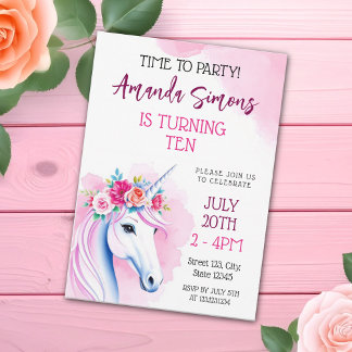 Whimsical Pink Unicorn Roses Girl 10th Birthday Einladung