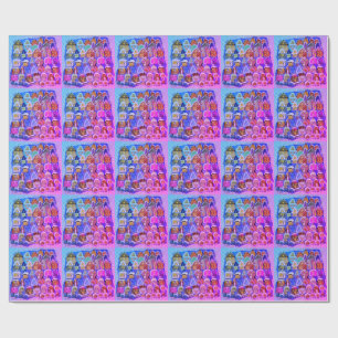 Whimsical Pink Violett Winterdorf Volkskunst  Geschenkpapier