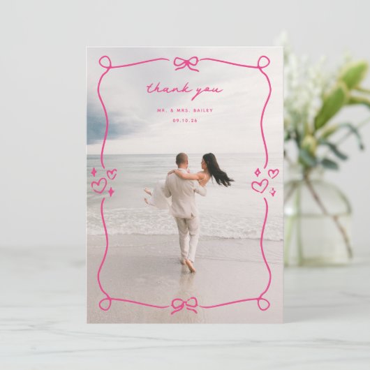 Whimsical Pink Wedding Foto Dankeskarte (Stehend Vorderseite)