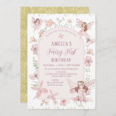 Whimsical Pink Wildblumen Fairy Erster Geburtstag Einladung (Vorne/Hinten)