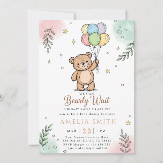 Whimsical Pink Yellow Teddy bear baby shower Einladung (Vorderseite)