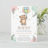 Whimsical Pink Yellow Teddy bear baby shower Einladung (Stehend Vorderseite)