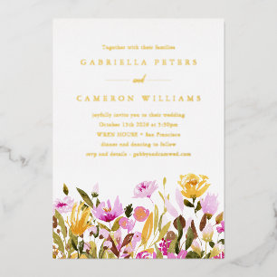 Whimsical Pink Yellow Watercolor Floral Wedding Folieneinladung