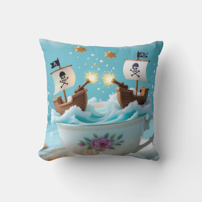 Whimsical Pirate Ships in Teacup Cushion – Cute Fa Kissen (Vorderseite)