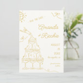 Whimsical Playful Champagner Tower Doodle Wedding Save The Date (Stehend Vorderseite)