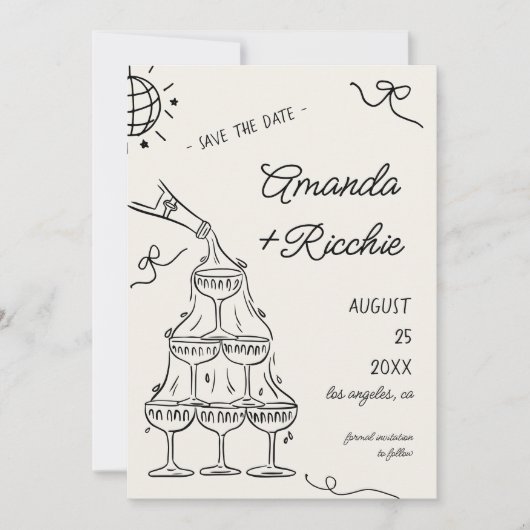 Whimsical Playful Champagner Tower Doodle Wedding Save The Date (Vorderseite)