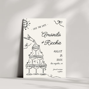 Whimsical Playful Champagner Tower Doodle Wedding Save The Date