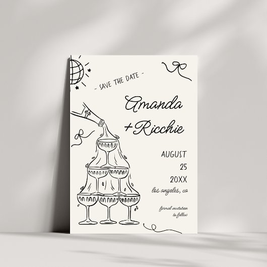 Whimsical Playful Champagner Tower Doodle Wedding Save The Date