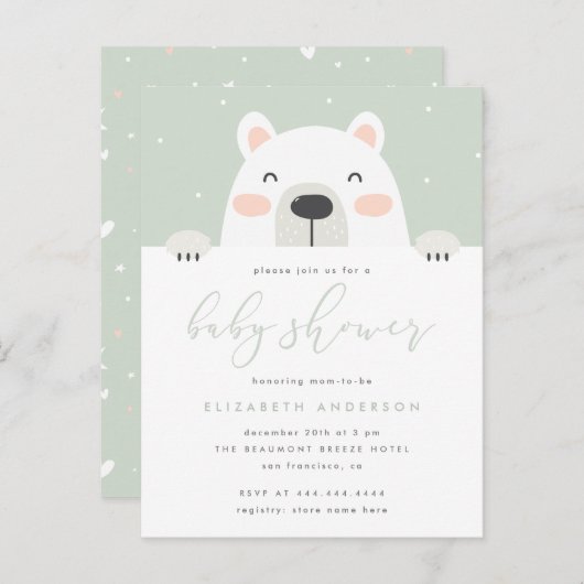 Whimsical Polar Bear Cartoon Winter Baby Dusche Einladungspostkarte (Vorne/Hinten)