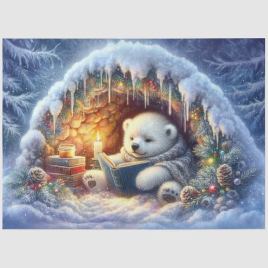 Whimsical Polar Winter Book Reading Decoupage Seidenpapier (Vorderseite)