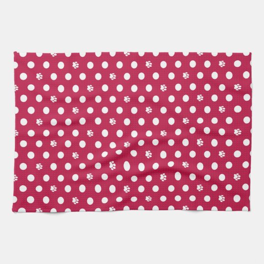 Whimsical Polka Dot Dog Paw Print Red Geschirrtuch (Horizontal)