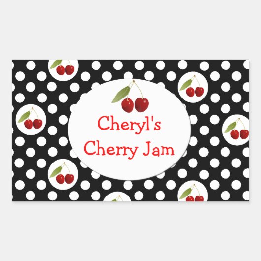 Whimsical Polka Dots and Cherries Label Rechteckiger Aufkleber (Vorderseite)